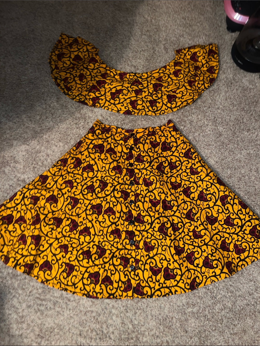 GRASS-FIELDS Yellow and Burgundy Printed A-Line Women’s Skirt set